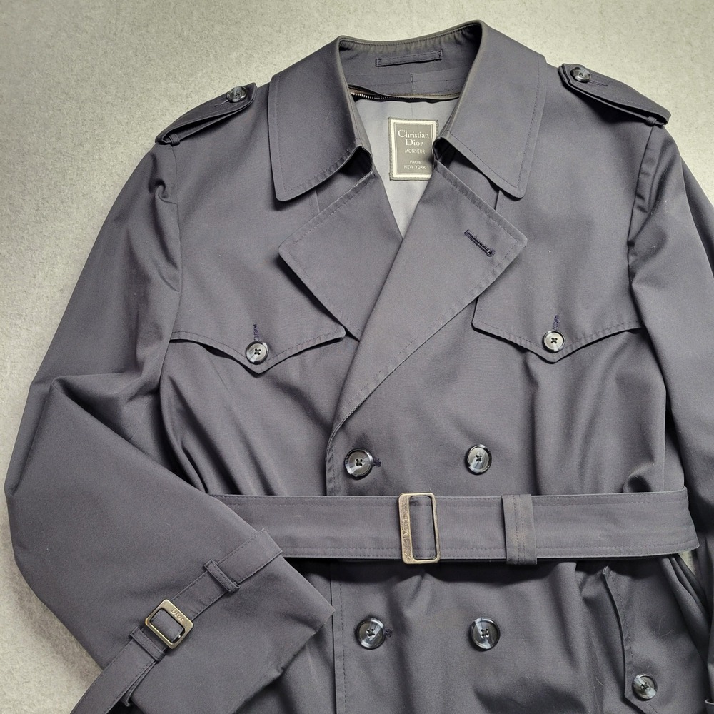 Christian Dior Monsieur Mens 42S Navy Blue Double Breasted Belted Trench Coat - Picture 7 of 16